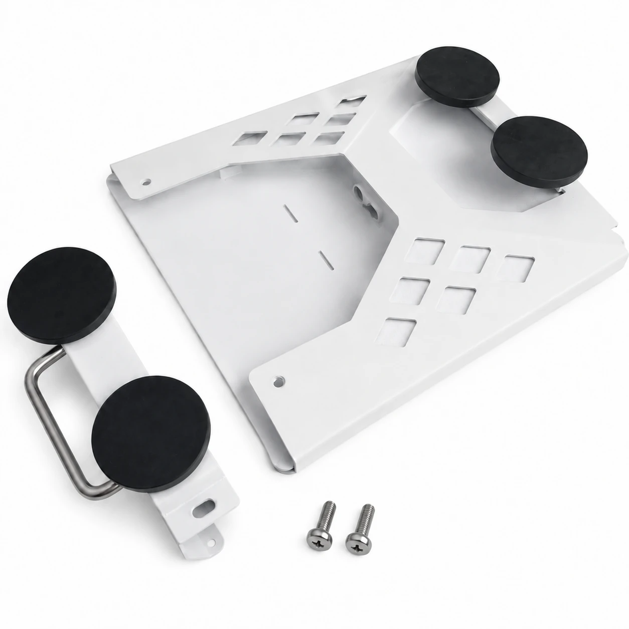 White metal bracket with two rubber magnetic pads, carry handle and screws