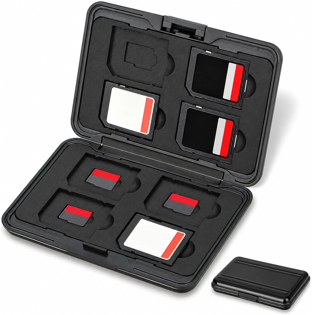 Black WISEMADE memory card case open, holding SD and microSD cards