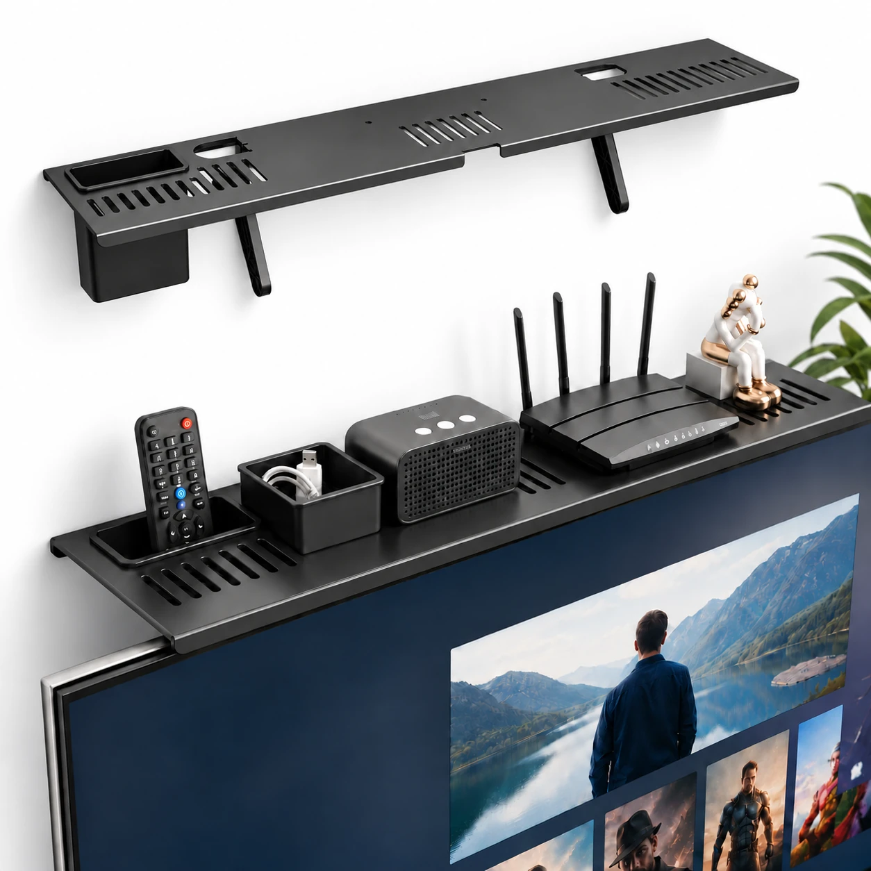 Black vented shelf resting on top of a TV holding a remote, router and small items