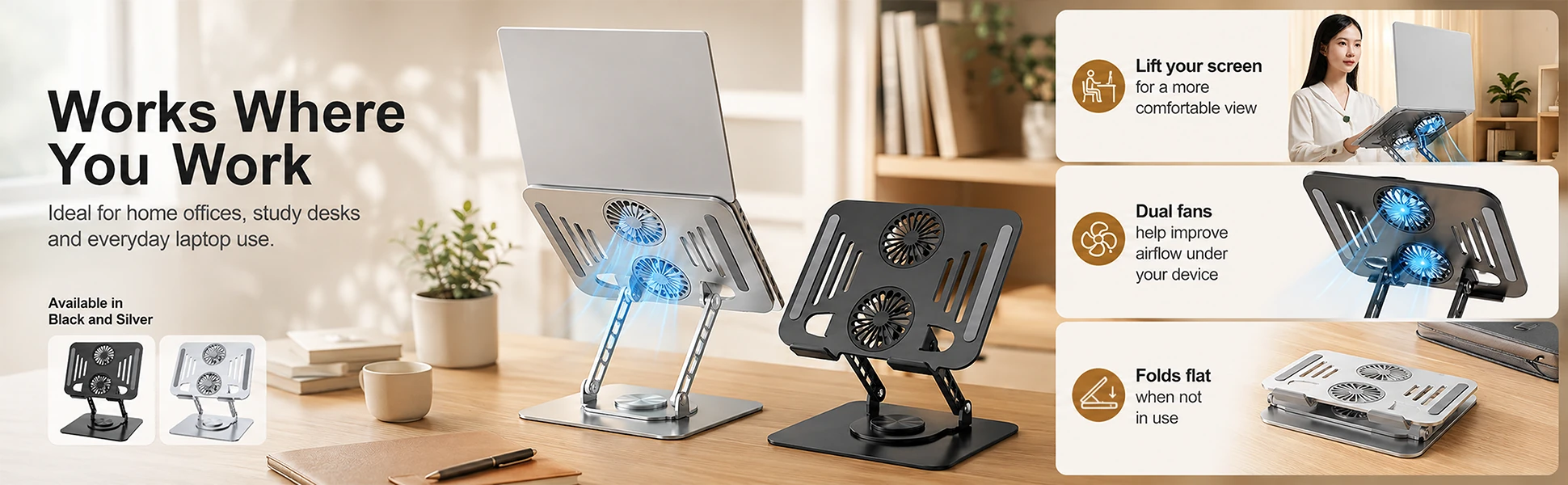 Laptop stand with dual fans in silver and black on a desk; lifts the screen and folds flat