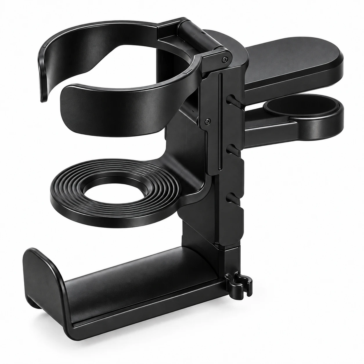 Black under-desk organizer with cup ring, lower support and headphone hook