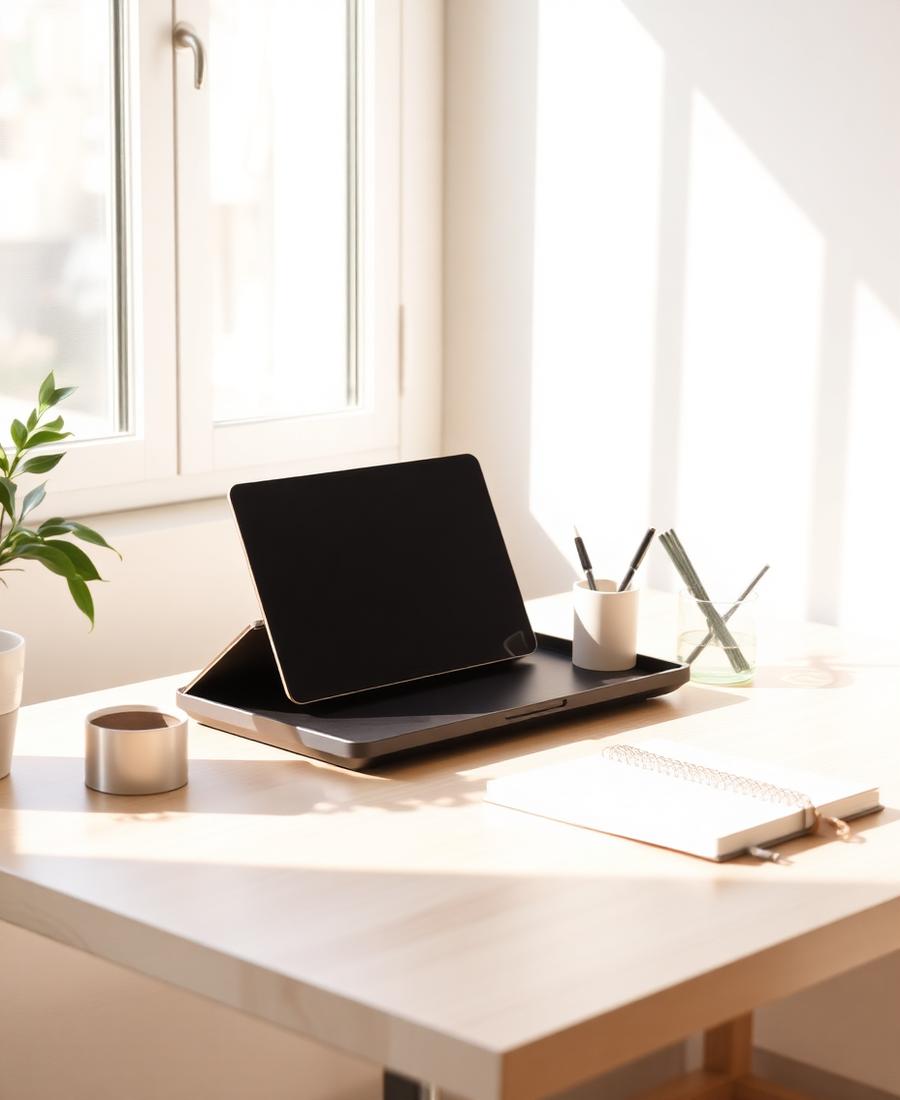 Tidy home-office desk with a laptop stand, organizer tray and notebook in daylight