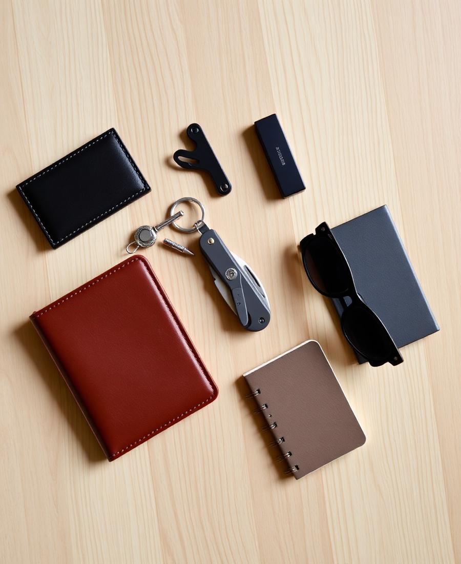 Wallet, keychain multitool, sunglasses and pocket notebook on light oak