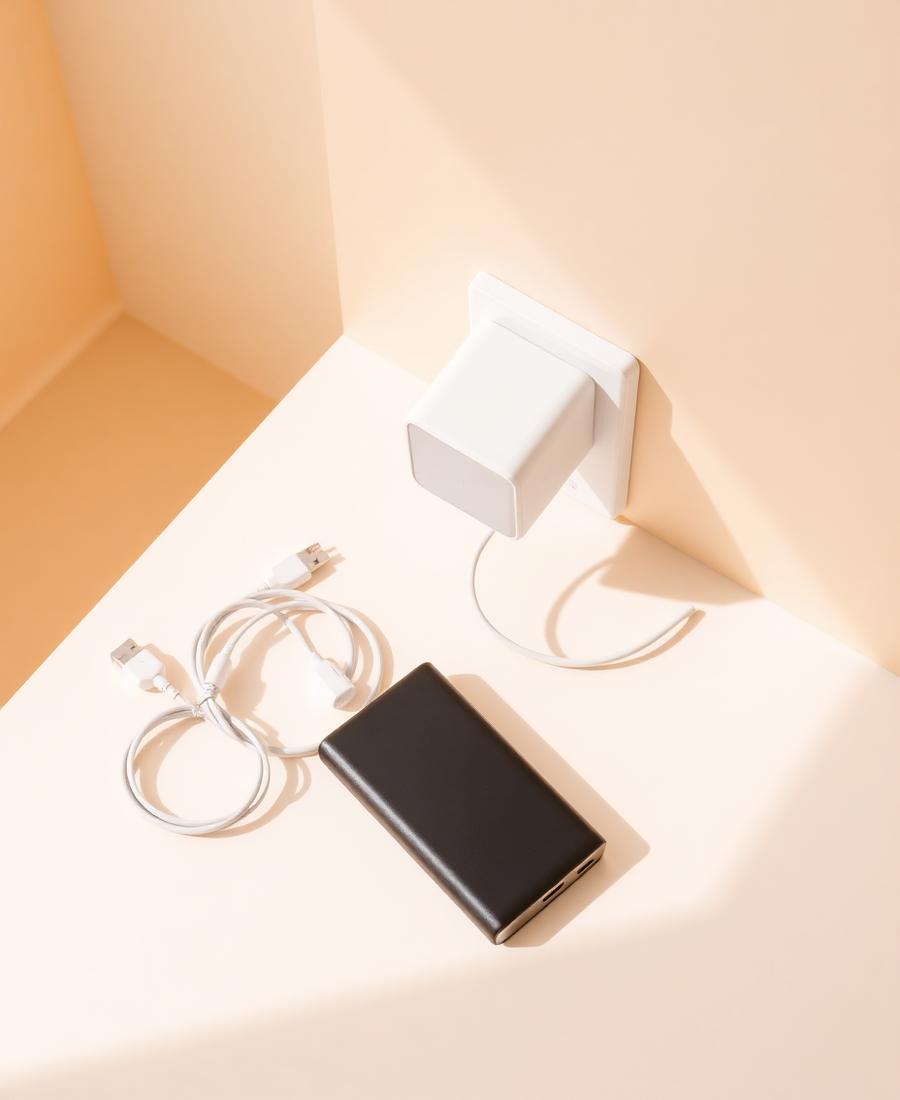 Charging cable, wall charger and compact power bank on a warm neutral surface