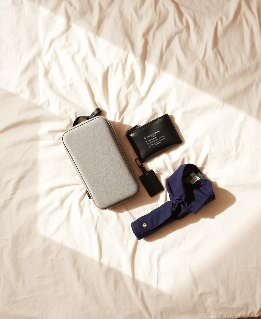 Packing cube, tech pouch and luggage tag laid out on a cream bedspread
